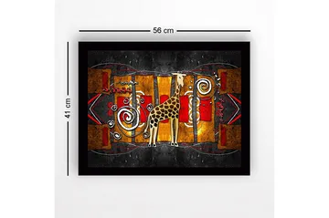 Inramad Canvastavla i trä - 41x56 cm - Giraff i en färgglad, abstrakt komposition - Guld / Röd / Svart - Inredning - Tavlor & posters - Canvastavla