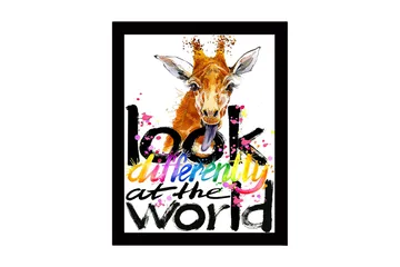 Inramad Canvastavla i trä - 41x56 cm - Giraff med utstickande tunga och färgglad text - Orange / Svart / Rosa - Inredning - Tavlor & posters - Canvastavla