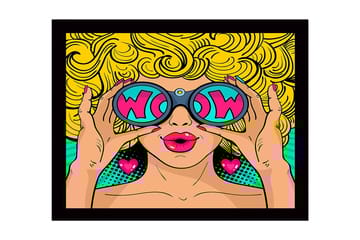 Inramad Canvastavla i trä - 41x56 cm - Glamourös kvinna med stora solglasögon och lockigt blont hår - Gul / Rosa / Turkos - Inredning - Tavlor & posters - Canvastavla