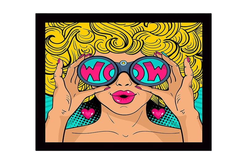 Inramad Canvastavla i trä - 41x56 cm - Glamourös kvinna med stora solglasögon och lockigt blont hår - Gul / Rosa / Turkos - Inredning - Tavlor & posters - Canvastavla