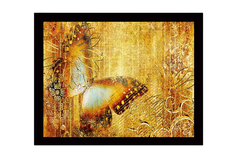 Inramad Canvastavla i trä - 41x56 cm - Glittrande fjäril i gyllene omgivning, Guld / Brunt / Blått