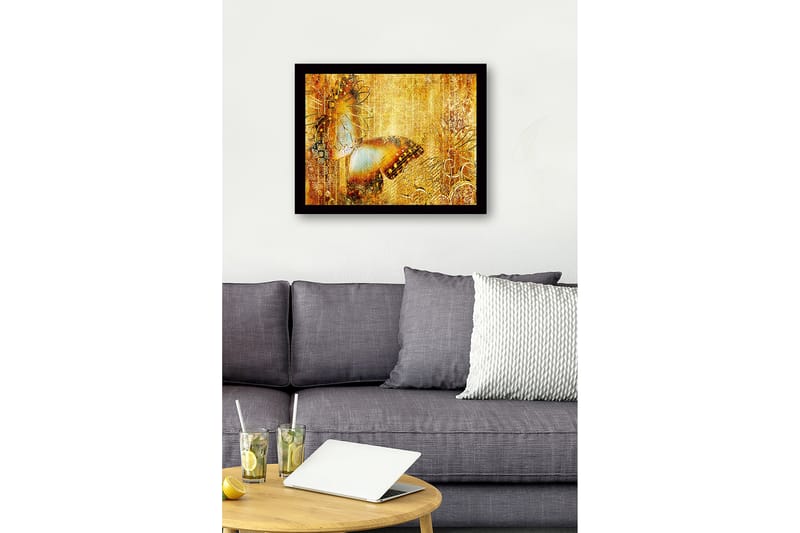 Inramad Canvastavla i trä - 41x56 cm - Glittrande fjäril i gyllene omgivning - Guld / Brunt / Blått - Inredning - Tavlor & posters - Canvastavla