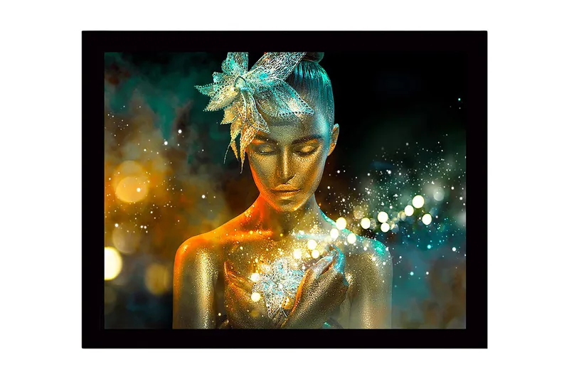 Inramad Canvastavla i trä - 41x56 cm - Glittrande kvinna med gyllene hud och en blomma i håret, Guld / Turkos / Orange