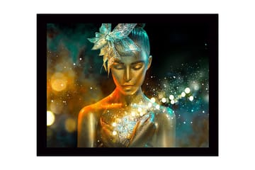 Inramad Canvastavla i trä - 41x56 cm - Glittrande kvinna med gyllene hud och en blomma i håret - Guld / Turkos / Orange - Inredning - Tavlor & posters - Canvastavla