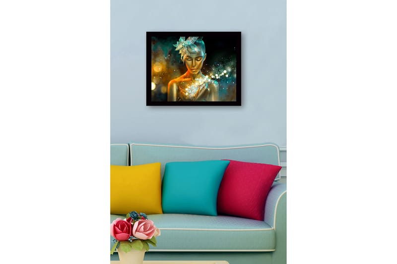 Inramad Canvastavla i trä - 41x56 cm - Glittrande kvinna med gyllene hud och en blomma i håret - Guld / Turkos / Orange - Inredning - Tavlor & posters - Canvastavla