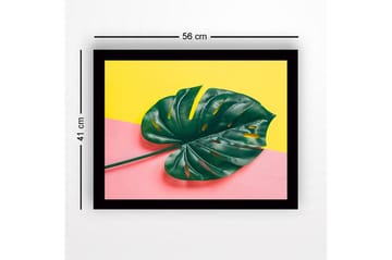 Inramad Canvastavla i trä - 41x56 cm - Grön monstera-blad mot en färgglad bakgrund - Grön / Gul / Rosa - Inredning - Tavlor & posters - Canvastavla