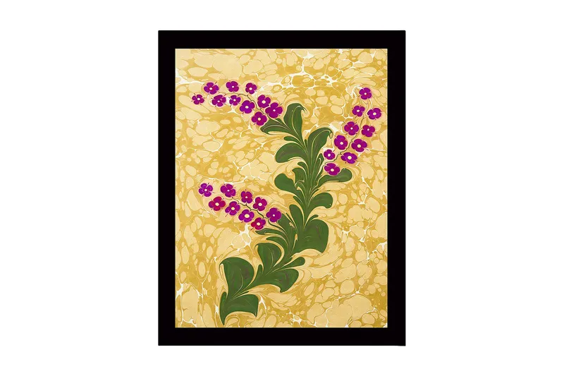 Inramad Canvastavla i trä - 41x56 cm - Grön växt med lila blommor mot en gyllene bakgrund - Guld / Grön / Lila - Inredning - Tavlor & posters - Canvastavla