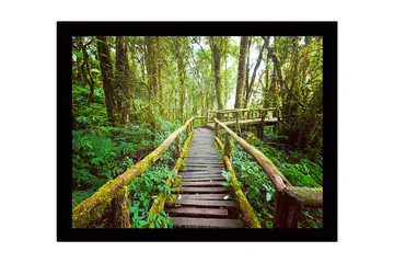 Inramad Canvastavla i trä - 41x56 cm - Grönskande skogsstig med träbroar - Grön / Brun / Gulgrön - Inredning - Tavlor & posters - Canvastavla