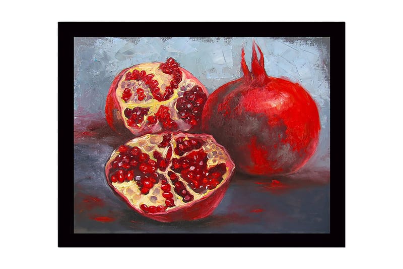 Inramad Canvastavla i trä - 41x56 cm - Granatäpplen i en stillsam komposition, Röd / Beige / Grå