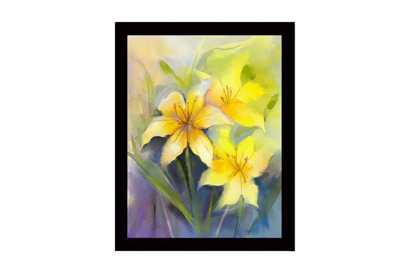 Inramad Canvastavla i trä - 41x56 cm - Gula liljor i en mjuk och drömlik komposition, Gul / Grön / Lila