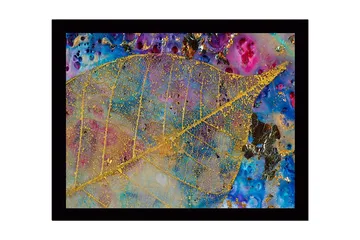 Inramad Canvastavla i trä - 41x56 cm - Guldglänsande löv mot en färgrik bakgrund av blått och lila - Guld / Blå / Lila - Inredning - Tavlor & posters - Canvastavla