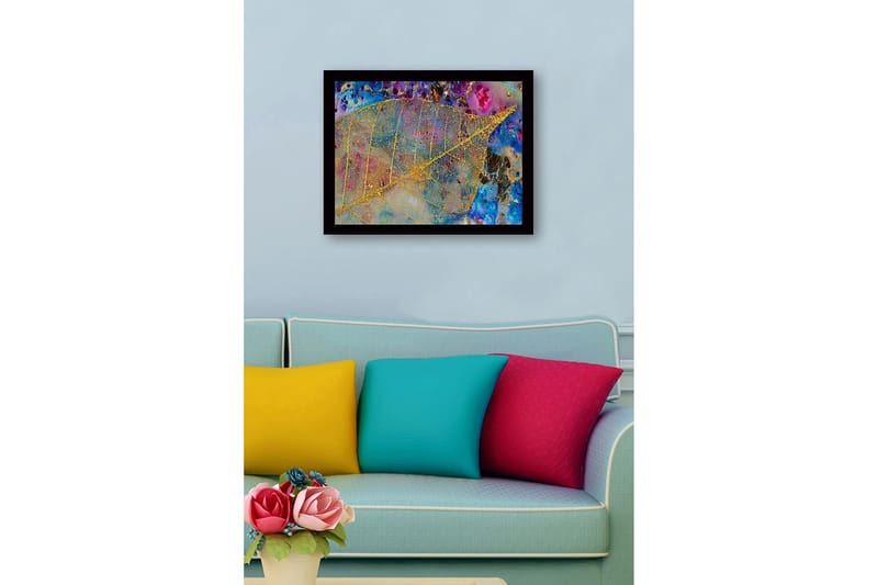 Inramad Canvastavla i trä - 41x56 cm - Guldglänsande löv mot en färgrik bakgrund av blått och lila - Guld / Blå / Lila - Inredning - Tavlor & posters - Canvastavla