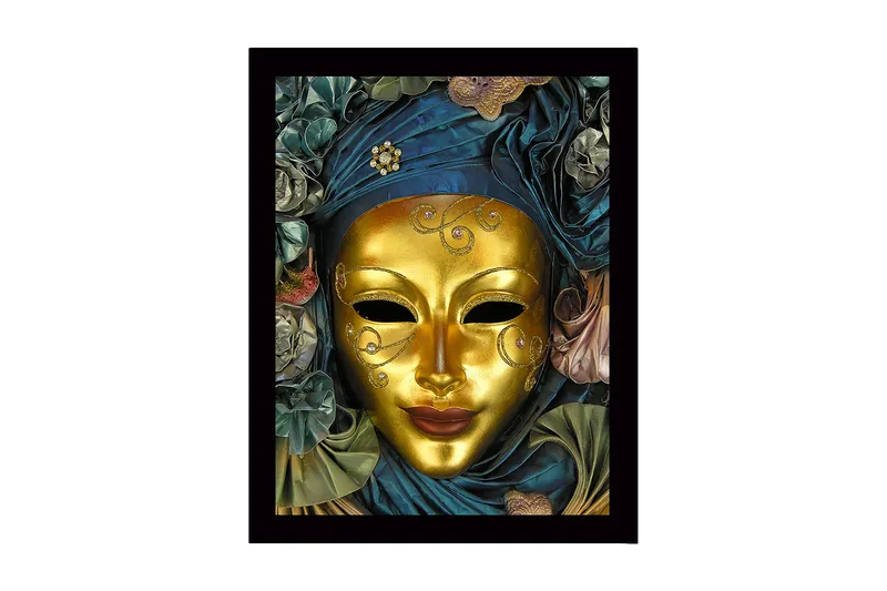 Inramad Canvastavla i trä - 41x56 cm - Guldmask med detaljerad dekoration och draperad klädnad i blått och grönt, Guld / Mörkblå / Grön
