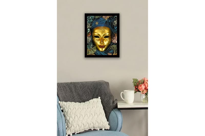 Inramad Canvastavla i trä - 41x56 cm - Guldmask med detaljerad dekoration och draperad klädnad i blått och grönt - Guld / Mörkblå / Grön - Inredning - Tavlor & posters - Canvastavla