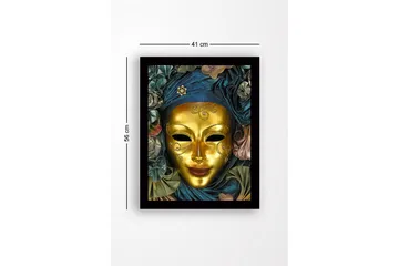 Inramad Canvastavla i trä - 41x56 cm - Guldmask med detaljerad dekoration och draperad klädnad i blått och grönt - Guld / Mörkblå / Grön - Inredning - Tavlor & posters - Canvastavla