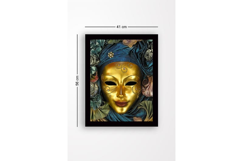 Inramad Canvastavla i trä - 41x56 cm - Guldmask med detaljerad dekoration och draperad klädnad i blått och grönt - Guld / Mörkblå / Grön - Inredning - Tavlor & posters - Canvastavla