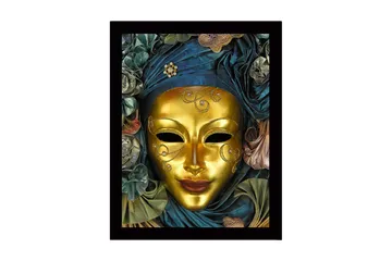 Inramad Canvastavla i trä - 41x56 cm - Guldmask med detaljerad dekoration och draperad klädnad i blått och grönt - Guld / Mörkblå / Grön - Inredning - Tavlor & posters - Canvastavla