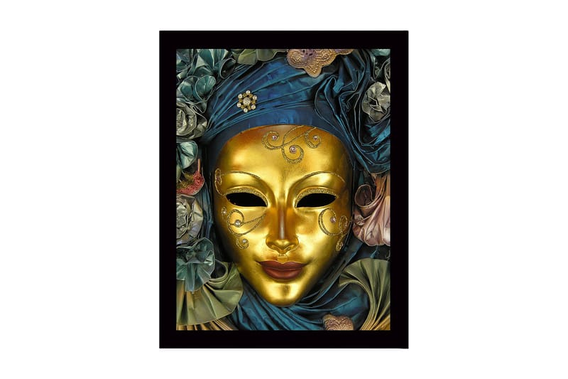 Inramad Canvastavla i trä - 41x56 cm - Guldmask med detaljerad dekoration och draperad klädnad i blått och grönt, Guld / Mörkblå / Grön