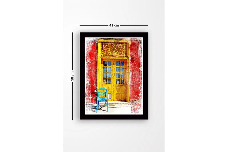 Inramad Canvastavla i trä - 41x56 cm - Gyllene dörr med en blå stol framför på en röd vägg - Gult / Blått / Rött - Inredning - Tavlor & posters - Canvastavla