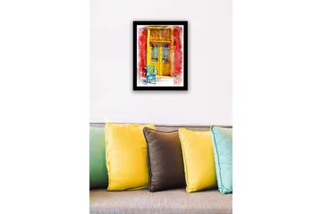 Inramad Canvastavla i trä - 41x56 cm - Gyllene dörr med en blå stol framför på en röd vägg - Gult / Blått / Rött - Inredning - Tavlor & posters - Canvastavla