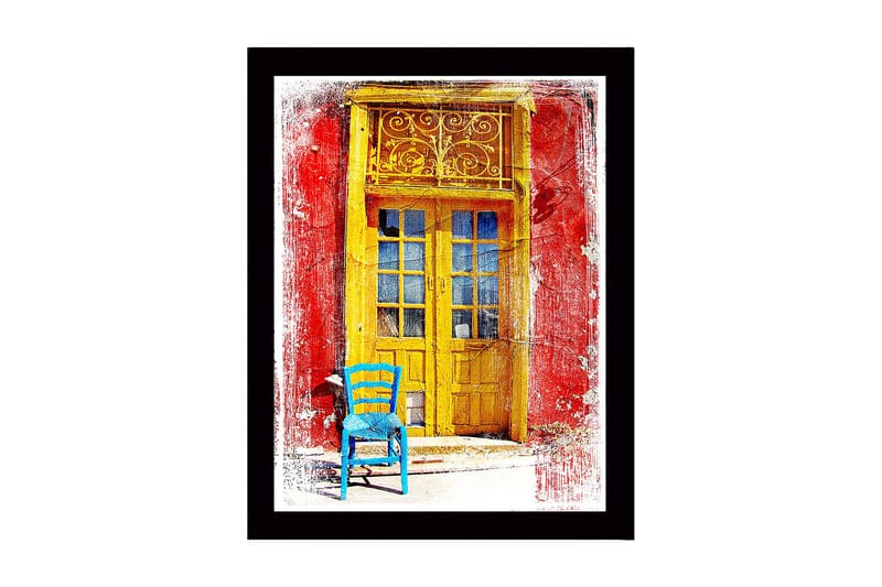 Inramad Canvastavla i trä - 41x56 cm - Gyllene dörr med en blå stol framför på en röd vägg, Gult / Blått / Rött