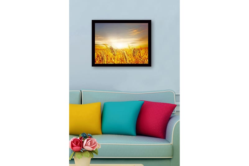 Inramad Canvastavla i trä - 41x56 cm - Gyllene vetefält under en soluppgång - Guld / Orange / Ljusblå - Inredning - Tavlor & posters - Canvastavla