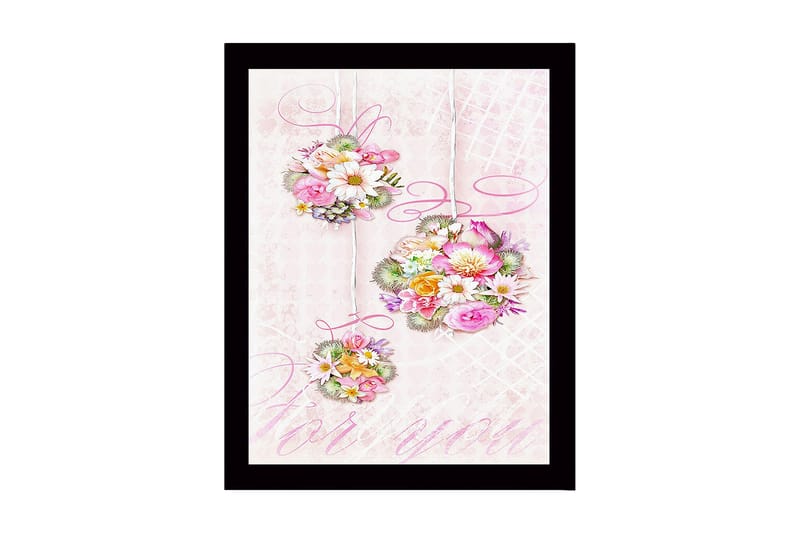 Inramad Canvastavla i trä - 41x56 cm - Hängande buketter av blommor i pastellfärger, Rosa / Grön / Gul