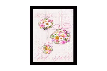 Inramad Canvastavla i trä - 41x56 cm - Hängande buketter av blommor i pastellfärger - Rosa / Grön / Gul - Inredning - Tavlor & posters - Canvastavla