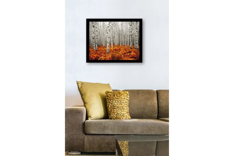 Inramad Canvastavla i trä - 41x56 cm - Höstlig skog med björkar och gyllene ormbunkar - Vit / Orange - Inredning - Tavlor & posters - Canvastavla