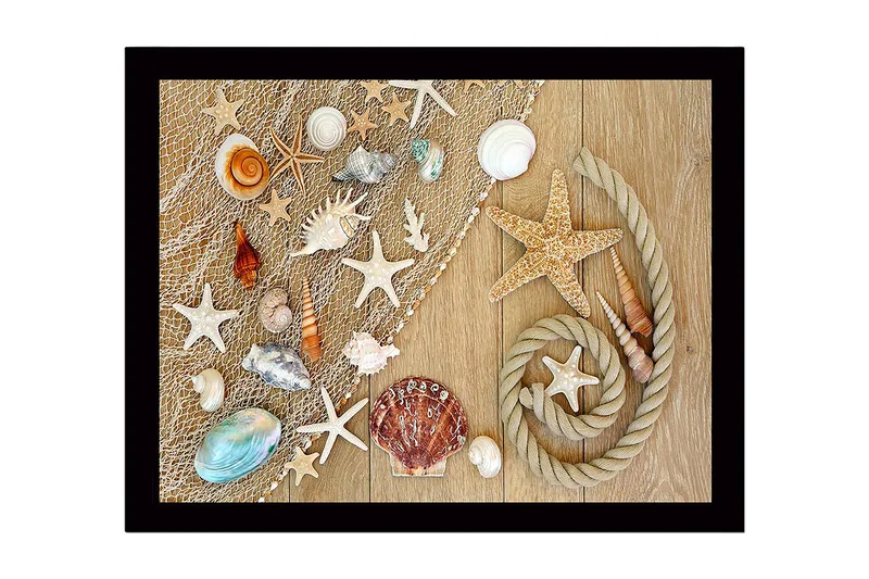 Inramad Canvastavla i trä - 41x56 cm - Havsinspirerad samling av snäckor och sjöstjärnor - Beige / Vit / Blå - Inredning - Tavlor & posters - Canvastavla