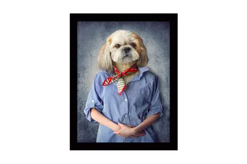 Inramad Canvastavla i trä - 41x56 cm - Hund med människoliknande drag klädd i skjorta och scarf - Blå / Beige / Röd - Inredning - Tavlor & posters - Canvastavla