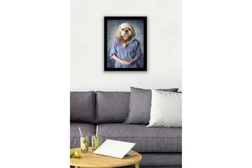 Inramad Canvastavla i trä - 41x56 cm - Hund med människoliknande drag klädd i skjorta och scarf - Blå / Beige / Röd - Inredning - Tavlor & posters - Canvastavla