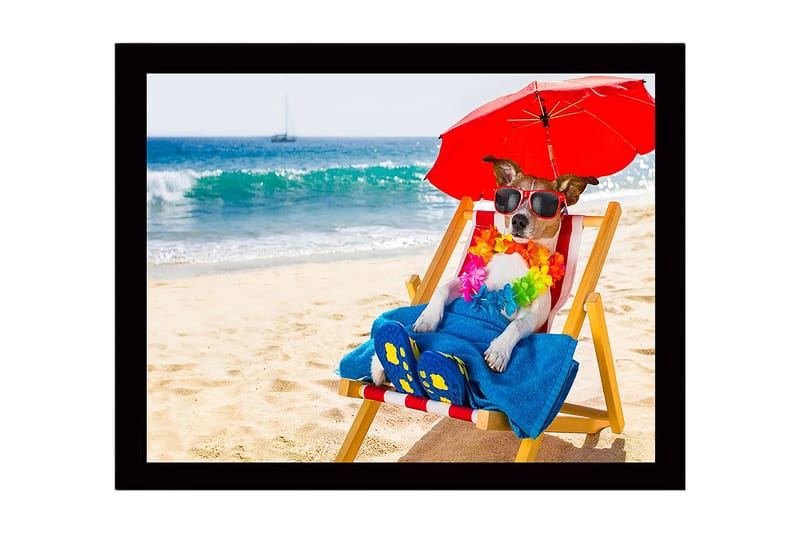 Inramad Canvastavla i trä - 41x56 cm - Hund som kopplar av på stranden i solstol med solglasögon och parasoll - Röd / Blå / Gul - Inredning - Tavlor & posters - Canvastavla