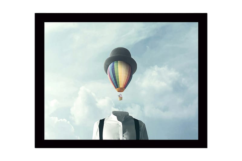 Inramad Canvastavla i trä - 41x56 cm - Huvudlös man i vit skjorta med en färgglad varmluftsballong ovanför, Blå / Grön / Röd