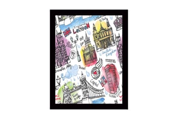 Inramad Canvastavla i trä - 41x56 cm - Illustrerad karta över London med kända landmärken och symboler - Röd / Blå / Lila - Inredning - Tavlor & posters - Canvastavla