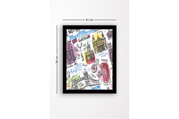 Inramad Canvastavla i trä - 41x56 cm - Illustrerad karta över London med kända landmärken och symboler - Röd / Blå / Lila - Inredning - Tavlor & posters - Canvastavla