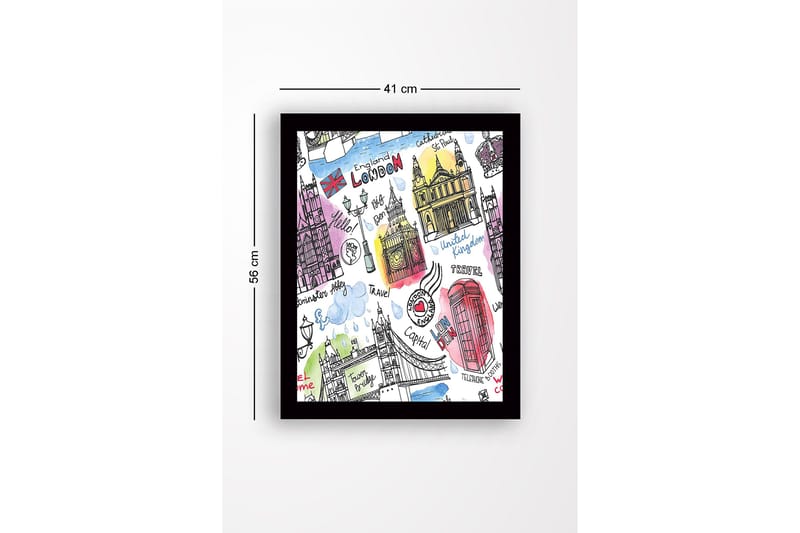 Inramad Canvastavla i trä - 41x56 cm - Illustrerad karta över London med kända landmärken och symboler - Röd / Blå / Lila - Inredning - Tavlor & posters - Canvastavla