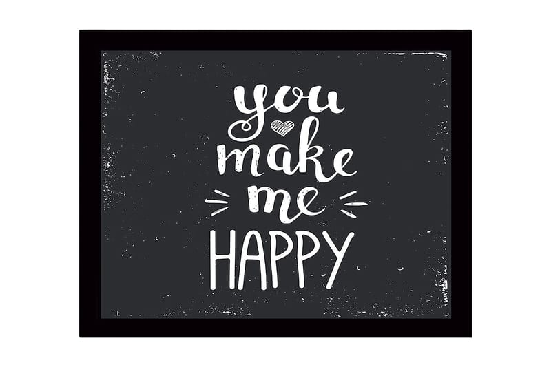 Inramad Canvastavla i trä - 41x56 cm - Inspirerande text med budskapet you make me happy, Vit / Svart