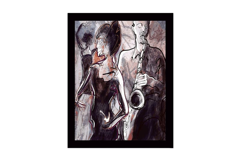 Inramad Canvastavla i trä - 41x56 cm - Jazzmusiker som spelar saxofon med dansande silhuetter i bakgrunden - Mörkröd / Grå / Svart - Inredning - Tavlor & posters - Canvastavla