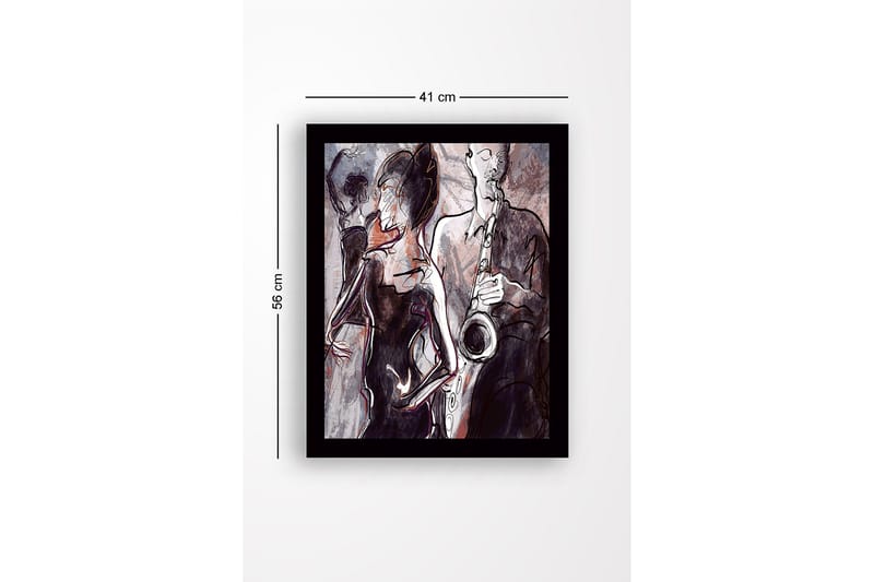 Inramad Canvastavla i trä - 41x56 cm - Jazzmusiker som spelar saxofon med dansande silhuetter i bakgrunden - Mörkröd / Grå / Svart - Inredning - Tavlor & posters - Canvastavla