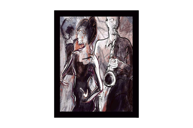 Inramad Canvastavla i trä - 41x56 cm - Jazzmusiker som spelar saxofon med dansande silhuetter i bakgrunden, Mörkröd / Grå / Svart
