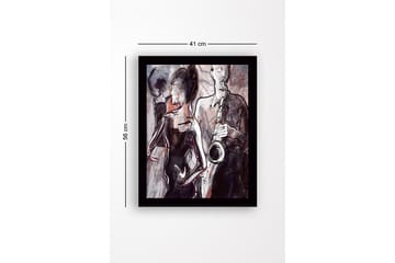 Inramad Canvastavla i trä - 41x56 cm - Jazzmusiker som spelar saxofon med dansande silhuetter i bakgrunden - Mörkröd / Grå / Svart - Inredning - Tavlor & posters - Canvastavla