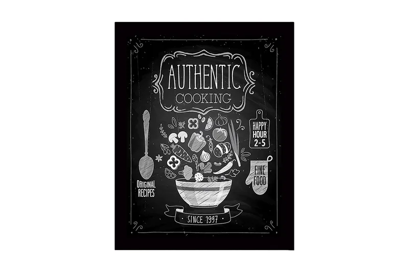 Inramad Canvastavla i trä - 41x56 cm - Köksskylt med en skål fylld av grönsaker och köksredskap, Vit / Svart