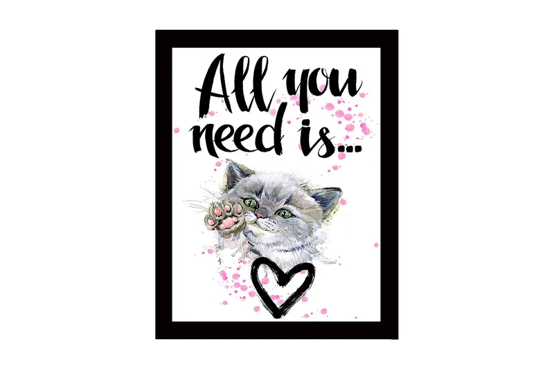 Inramad Canvastavla i trä - 41x56 cm - Katt med en tass som sträcker sig framåt, Grå / Rosa / Svart