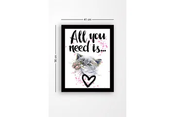 Inramad Canvastavla i trä - 41x56 cm - Katt med en tass som sträcker sig framåt - Grå / Rosa / Svart - Inredning - Tavlor & posters - Canvastavla