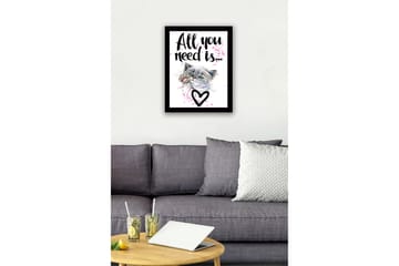 Inramad Canvastavla i trä - 41x56 cm - Katt med en tass som sträcker sig framåt - Grå / Rosa / Svart - Inredning - Tavlor & posters - Canvastavla
