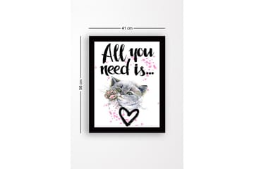 Inramad Canvastavla i trä - 41x56 cm - Katt med en tass som sträcker sig framåt - Grå / Rosa / Svart - Inredning - Tavlor & posters - Canvastavla