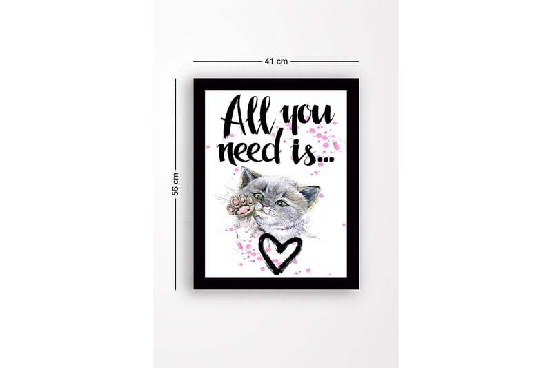 Inramad Canvastavla i trä - 41x56 cm - Katt med en tass som sträcker sig framåt - Grå / Rosa / Svart - Inredning - Tavlor & posters - Canvastavla