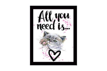 Inramad Canvastavla i trä - 41x56 cm - Katt med en tass som sträcker sig framåt - Grå / Rosa / Svart - Inredning - Tavlor & posters - Canvastavla