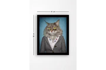 Inramad Canvastavla i trä - 41x56 cm - Katt med mänsklig klädsel och uttryckande ansiktsdrag - Grå / Blå / Gul - Inredning - Tavlor & posters - Canvastavla